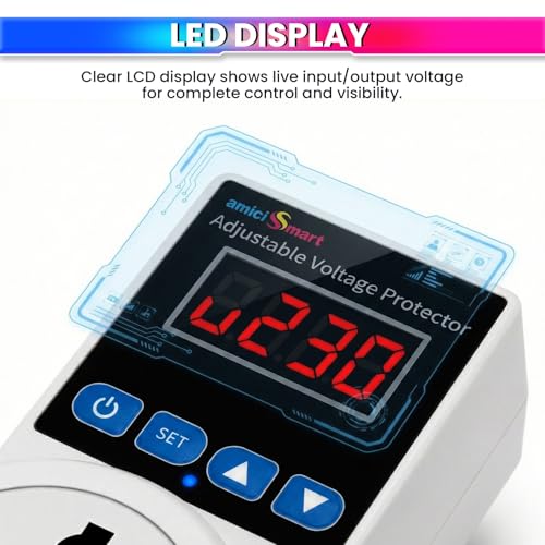 Image of amiciSmart Socket Voltage Protector 140-300V AC Adjustable 10A Load Capacity with 6A Plug Top | Over & Under Voltage Protection with Adjustable Settings, Delay Timer & Wide Compatibility
