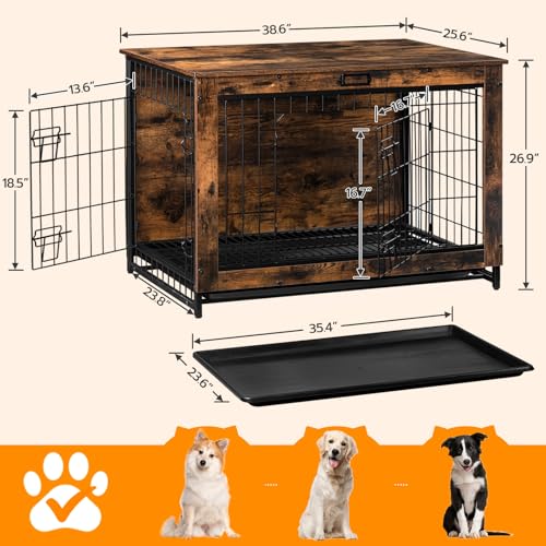 HOOBRO Dog Crate Furniture, 38.6" Large Dog Kennel Indoor, Wooden Cage with Pull-Out Tray, Double Doors Pet House Side End Table for Large/Medium/Small Dogs, Rustic Brown BF982GW03G1 - Image 6