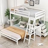 Twin Over Full Bunk Bed with Desk and 3 Storage Drawers, Solid Wood Bunk Bed Frame for Kids Teens Adults,White
