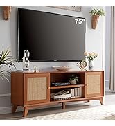 OKD TV Stand for 75+ Inch TV, Mid Century Modern Entertainment Center with Natural Rattan Door, S...
