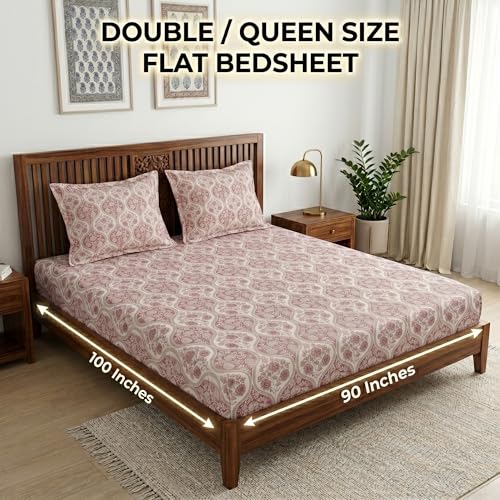 Image of Mafatlal 186 TC Grace Pure Cotton Double Size Bedsheet | 90 x 100 Inch | Soft Breathable Cotton Bed Sheet Set with 2 Pillow Covers | Ruby Red
