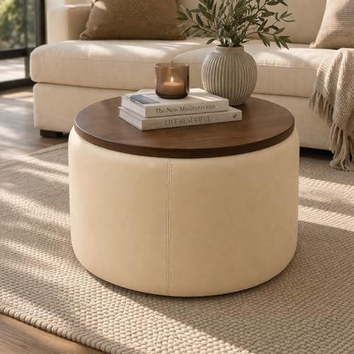 Image of Elegent Round Coffee Table with Wooden Top, Storage Ottoman Tables for Living Room, Centre Tables, Tea Tables, Farmhouse, Wood Drum Coffee Table (Cream)