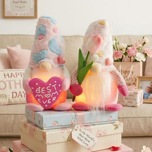 Dykofy Birthday Gifts for Mom Handmade Gnomes - Spring Tulip & Best Mom Ever Glowing Pink Gnome Plush - Birthday Gnome Gifts for Mother Wife Grandma Step-Mother Home Decor
