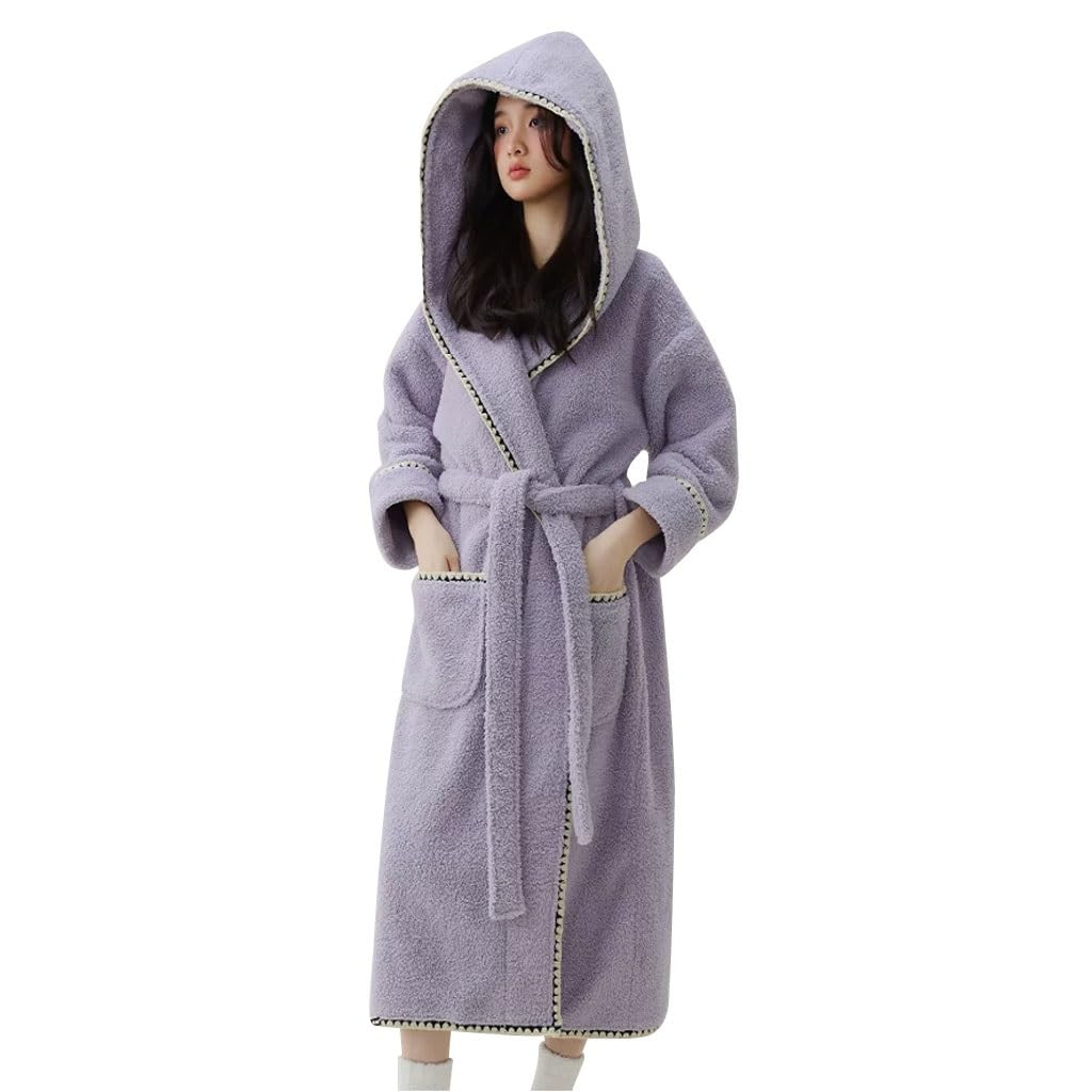 YCKEGEW Albornoces Largos con Capucha, Albornoces De Felpa Suave, Gruesa Y Cálida para Mujer, Bata De Casa, Albornoz De SPA con Cuello Chal, De Secado Rápido Pero Cálido