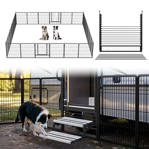 Image of FXW Instant Dog Playpen with RV Step Grid for RV Camping, 32 inch H, 24 Panels | Quick-Setup & Heavy-Duty Play Yard, Helps Close Stair Gaps, Fits 32 inch RV Step Opening, For Small & Medium Dogs, Patented
