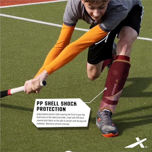 Image of Vector X Knockout Field Hockey Shin Guard with PPCP Shell | Double 360 Velcro Straps | Practice and Training | Air Mesh Cushioning | for Kids Youth Adults