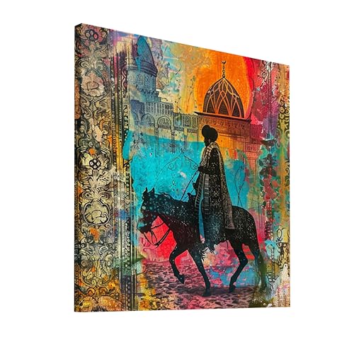 Image of Royal Horse Rider Stretched Canvas Wall Art Painting for Living Room | Colorful Ethnic Abstract Horse Painting | Vintage Cultural Wall Decor for Home & Office, 22x22 Inch