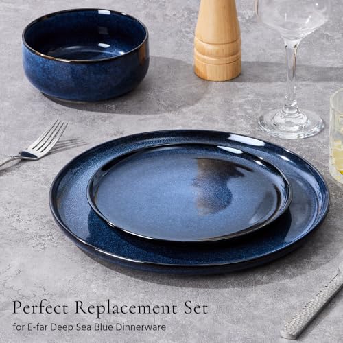 Image of E-far 8 inch Ceramic Salad Plates Set of 6, Reactive Glaze Stoneware Dishes, Round Dessert Plate for Home Kitchen Restaurant, Microwave & Dishwasher Safe - Deep Sea Blue