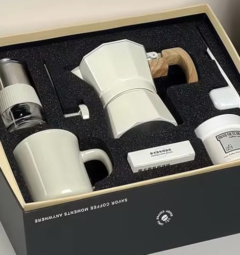 Decana 6-Cup Moka Pot Coffee Gift Set 6-Piece Stovetop Espresso Maker with Manual Coffee Bean Grinder Ceramic Mug Storage Jar Filters & Brush - Gift Box for Coffee Lovers