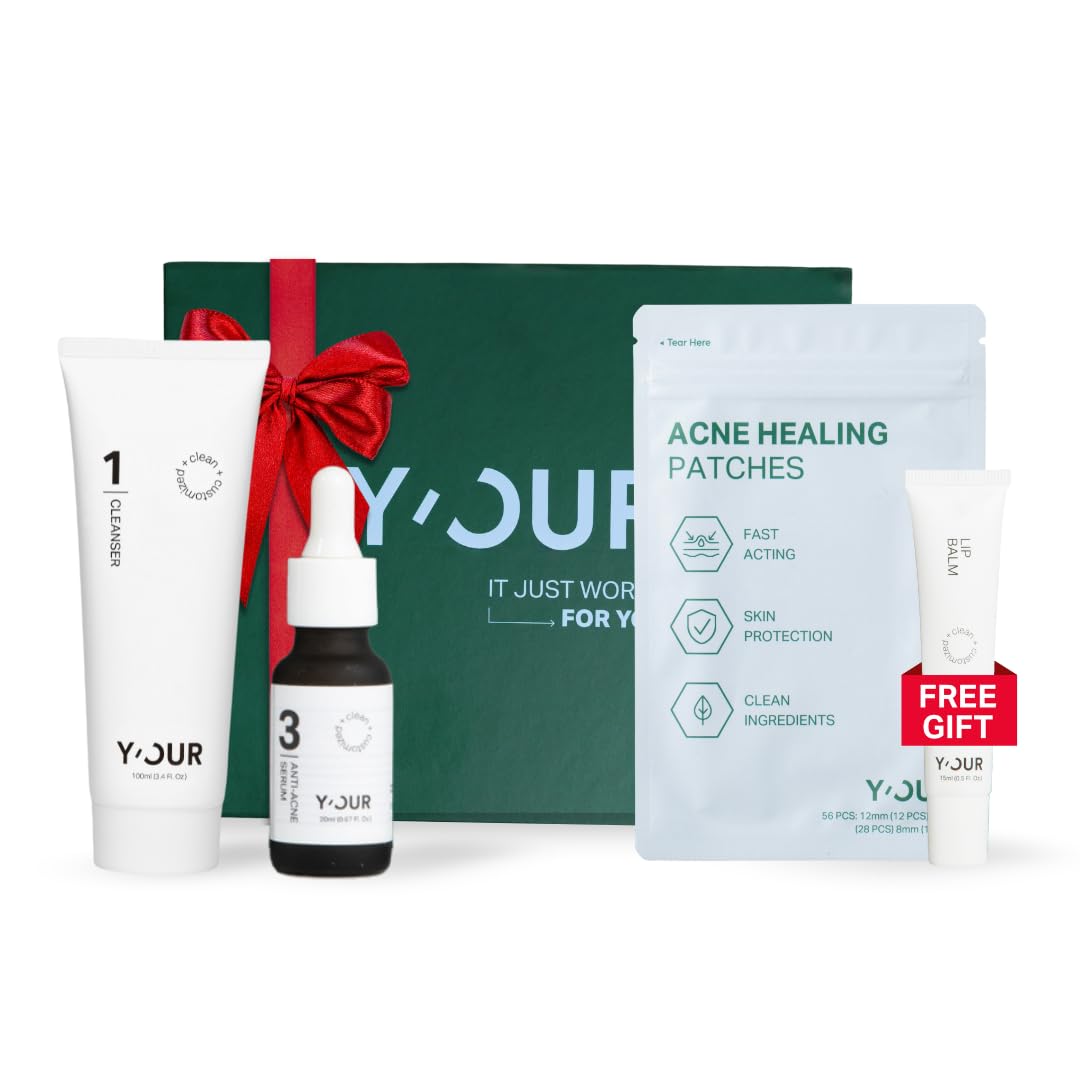 Y’OUR Essential 3-Step Acne Kit: Purifying Cleanser, Anti-Acne Serum & Healing Patches; Pimple Clearing, Pore Minimizing Skincare Routine. Made in USA