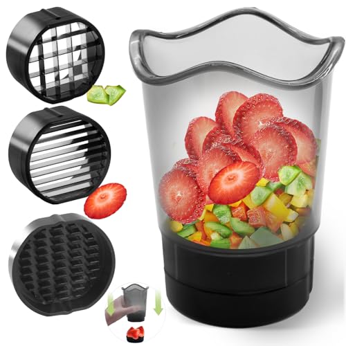 Strawberry Slicer Multifunctional Fruit and Vegetable Slicer Stainless Steel Cup Quick Salad Maker(Transparent bottle body+2 blade+base)