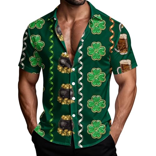 QXQLSH - Divertidas camisas del día de San Patricio para hombre, camisas hawaianas con botones, camisas florales, estampado de trébol irlandés verde, camisetas casuales de manga corta, Verde tirando a