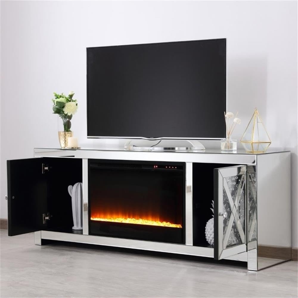 Condition photo showing New/Like New for Elegant Decor Modern 2 Door 59" Clear Mirrored Crystal Fireplace TV Stand