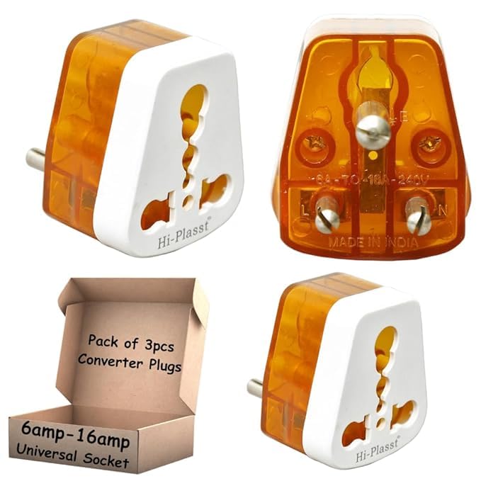 Hi-PlasstT 16amps Converter Plug (Pack of 3) 6ampere to 16ampere 3-Pin International 16 amp Socket for Big Size 16 A Plug Top (Use 16amp Devices in 6amp Socket) for Geysers, Refrigrator Microwave,