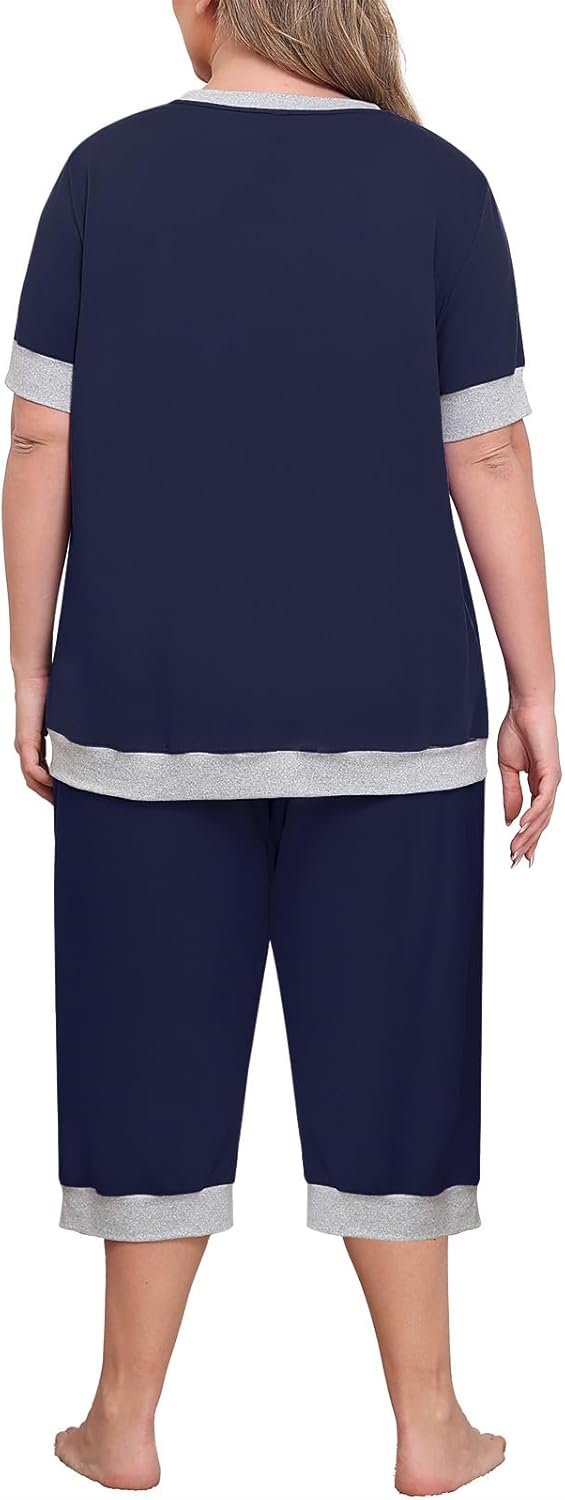 Lastshe Women Plus Size Pajama Set 2 Piece Short Sleeve Capri Pants Knit Sleepwear Lounge Set Ladies Pjs Soft with Pockets - Image 5