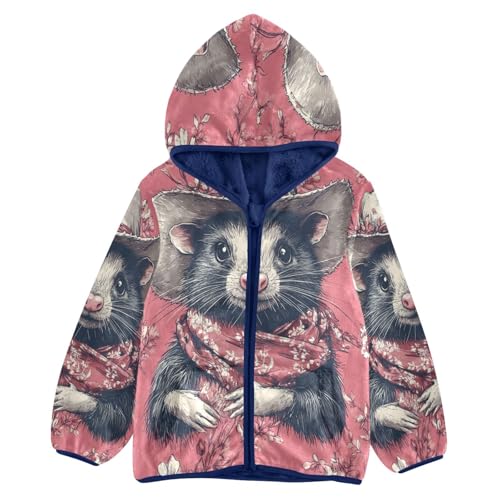 Ferret Wearing Floral Hat Scarf Toddler Fleece Jacket Girl Boys Hooded Fleece Jacket Coat Warm Outwear Zip-up 3-10T