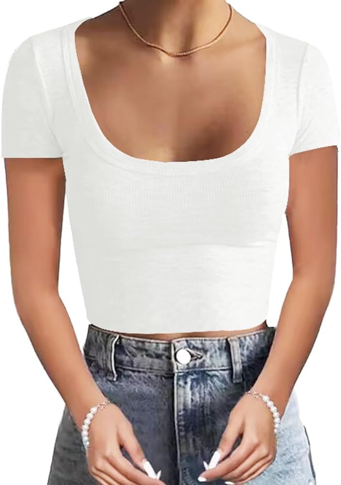 WAYMAKER Women's Casual Short Sleeve Square Neck Summer Tops Ribbed Knit Slim Fit Tee Shirts - Image 3