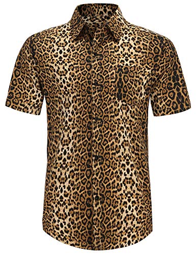 PEGENO Men s Cotton Button Down Short Sleeve Hawaiian Shirt Leopard Print Yellow-L