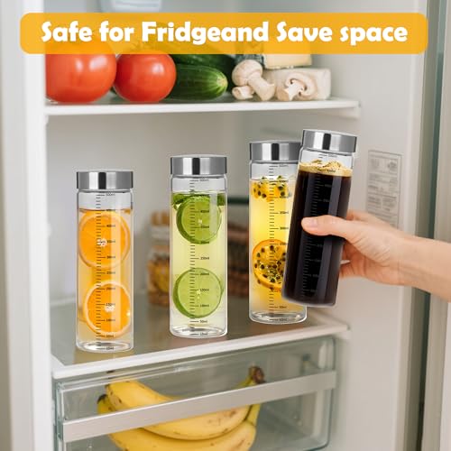 DUBUOZA 4er Glasflaschen 500ml mit Edelstahl Deckel,Smoothie Gläser Sets mit Messskala,Wiederverwendbar Glaswasserflasche,Smoothie Becher to go für Säfte, Smoothies, Kaffee, Milch, Tee