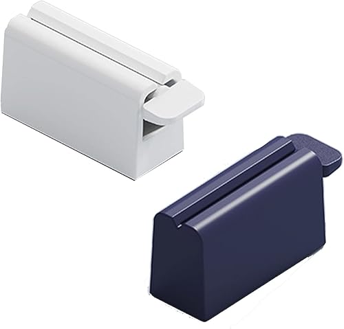 ISKYBOB Juego de 2 soportes de tubo rodante para pasta de dientes, dispensador de pasta de dientes, color blanco y azul marino