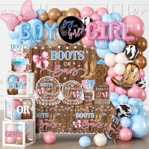 Cocomigo 299 Pcs Boots or Bows Gender Reveal Decorations Complete Party Set Serves 25 Boots and Bows Gender Reveal Decorations with Plates Tablecloths Balloons and Stickers
