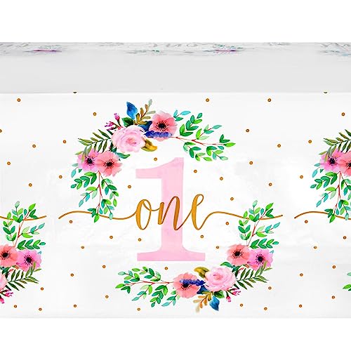 Image of BLUE PANDA 3 Pack Floral Plastic Tablecloth for Baby Girl's 1st Birthday Party Supplies (54 x 108 in)