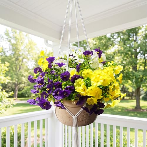 Image of Artificial Flowers for Outdoors, UV Resistant Fake Silk Morning Glory, Realistic Faux Plants for Outside Porch Patio Window Box Hanging Planter (12, Purple White Yellow)