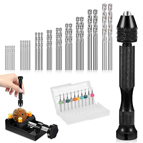 Udbrud 37 Teiliges Mini-Handbohrer-Set für Handwerk, 0,3–1,2 mm PCB-Mini-Bohrer und 0,5–3,0 Spiralbohrer mit Präzisions-Handstift-Schraubstock Micro Twist Bohrerspitzen für Bohrwerkzeuge Modellbau DIY