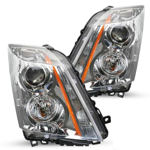 SOCKIR Projector Headlight Assembly with Halogen Bulbs Compatible with 2008 2009 2010 2011 2012 2013 2014 Cadillac CTS Passenger & Driver Side, Chrome Housing with Amber Reflector
