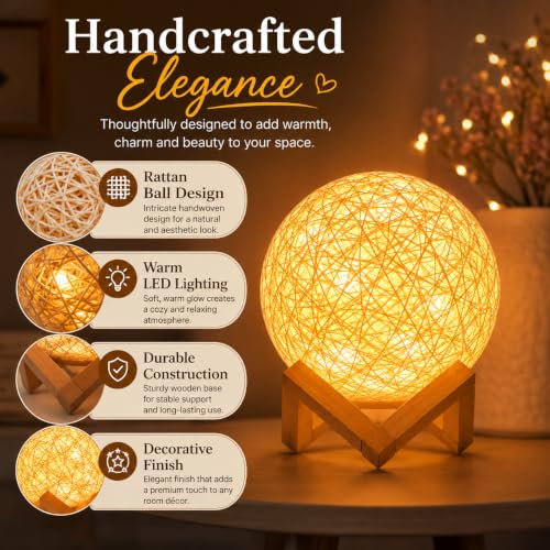 Image of Quace Moon Lamp with LED Fairy Lights, 15cm Rattan Ball Night Lamp for Bedroom, Kids Room & Living Room Decor, Warm White Decorative Table Lamp, Bedside Night Light, Gift for Girls & Housewarming