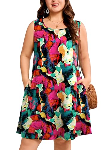 Image of AusLook Plus Size Summer Midi Dress for Women Sleeveless Casual A Line Swing Dress with Pockets Keyhole Neck Beach 1X-5X