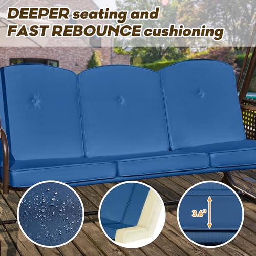 Image of 3 in 1 Outdoor Porch Swing with Adjustable Canopy, 3 Seat Outdoor Swing for Adults, Patio Swing Chair with Thickened Cushions,Pillows & Cup Holders for Backyard, Porch, Garden (Blue)