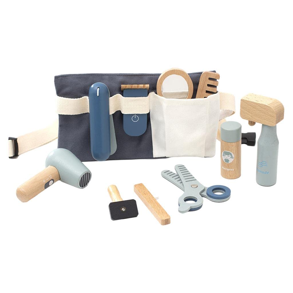 Kit da Salone di Bellezza/Parrucchiere di Simulazione con 11 Strumenti per Lo Styling, Asciugacapelli in Legno, Specchio E Astuccio per Cosmetici, Kit da Salone