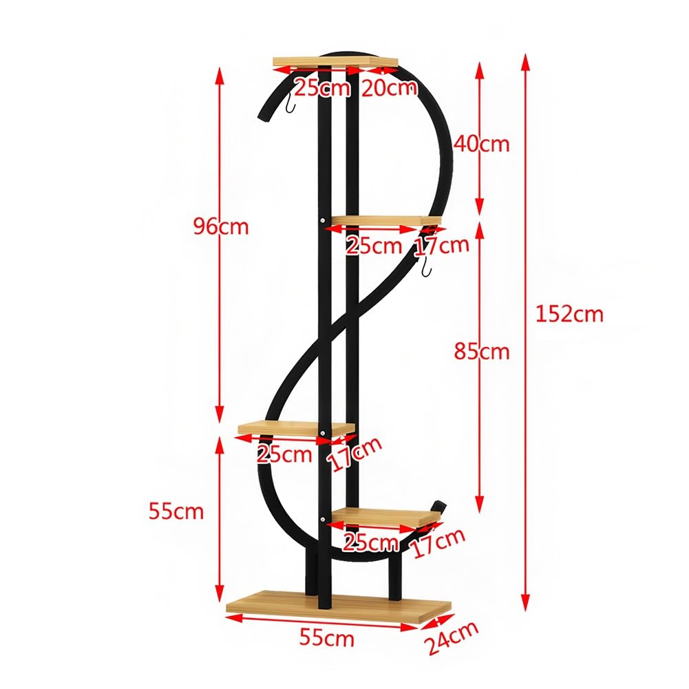 Support d'angle en métal à 5 niveaux avec plusieurs planches en bois et crochets, pour plantes en pot et suspendues, présentoir peu encombrant pour salon, terrasse, balcon, chambre à coucher