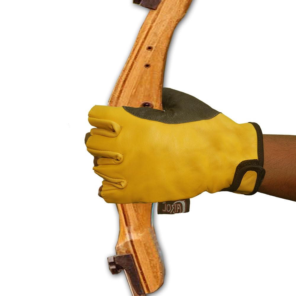 CarolUSA Archery, Hunting, Indoor Outdoor Target Sports Recurve/Compound/Longbow Full Grain Cow Hide Leather Half Finger Bow Glove, Bow Grip Target Shooting Glove (Large, Left Handed)