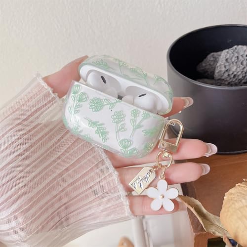 Image of MINSCOSE Compatible with AirPods Pro2 Clear Case,Cute Flower Floral Aesthetic Design with Flowers Keychain, Soft TPU Protective Shockproof Case for Women Girl for Airpods Pro2-Green