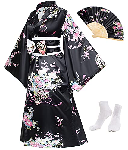 Japanese Anime Women's Kimono Robe Geisha Yukata Sweet Dress Blossom Satin Bathrobe Sleepwear Fans Tabi Socks Set2