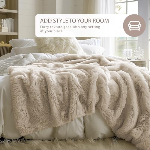 Hyde Lane Fluffy Cute Throw Blankets for Couch Sofa, 2 Way Reversible Ultra Soft Long Faux Fur, Shaggy Cozy Fuzzy Blanket Beige/Khaki, 60x80 - Thumbnail 4