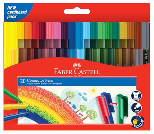 Faber-Castell Connector Felt Pen 20 Assorted Colors Washes out of most fabrics Due to special connecting caps felt tip pens are easy to clip together