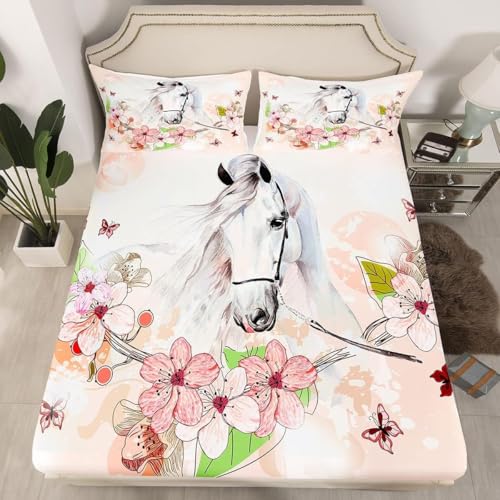 Drap Housse 90x190 cm Cheval, 3D Fleurs de Cerisier Drap-Housse en Microfibre, Drap Plat 1 Personne avec 1 Taie d'oreiller pour Matelas Épais Q/L1274