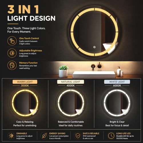 Image of LED Bathroom Wall Mirror with Decorative 3 Light Design | Touch Sensor | Warm | Natural and Cool White | for Wash Basin | Bedroom | Dressing Area Decoration (Round 2nd, 24x24)