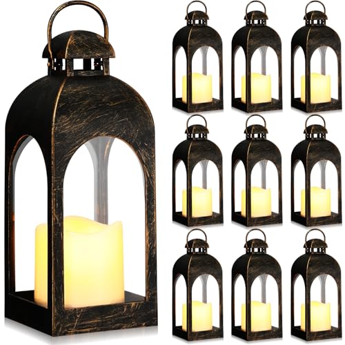 Tujoe 10 Pcs 10 Inch Decorative Candle Lantern Bulk for Wedding Centerpieces Lanterns with LED Flameless Candle Indoor Outdoor Hanging Lights for Wedding Party Battery Included (Dark Bronze)