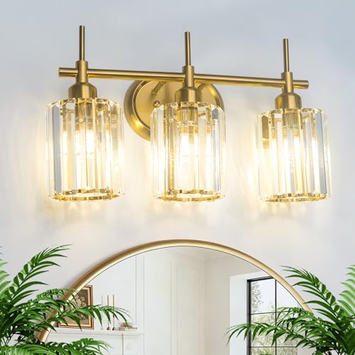 Image of Bathroom Vanity Light, 3-Light Brushed Gold Bathroom Light Fixtures, Modern Wall Sconces with Crystal Clear Shades, Wall Mounted Lamp Over Mirror for Bedroom Living Room