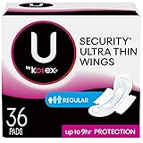 U by Kotex Security Ultra Thin Pads with Wings, Regular, Unscented, 216 Count (6 Packs of 36)