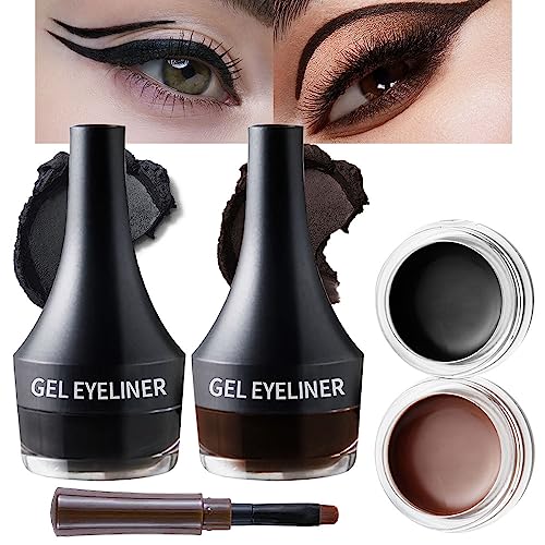 Kaely 2Pcs Black Brown Gel Eyeliner Pot,Easy to Use Eye Makeup Sets,Waterproof Eye Liners Kit,Cream Eyeliner Pencil Stamps,Eyebrow Cream Kit,delineador de ojos contra el agua,maquillaje para mujer