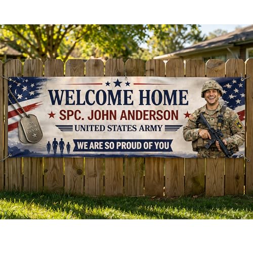 Fastpeace Personalized Welcome Home Soldier Banner - Welcome Home Military Banner Custom Photo Name Unit for Army Family Reunion Party - Patriotic USA Flag Backdrop Army Decorations
