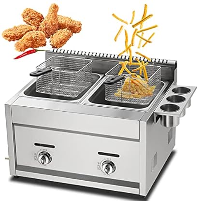 Gasfritteuse LPG-Fritteuse, kommerzielle Edelstahl-Fritteuse mit großer Kapazität, einstellbare Feuerkraft, mit 2 Körben und Deckel, Pommes-Frites-Maschine, leicht zu reinigen