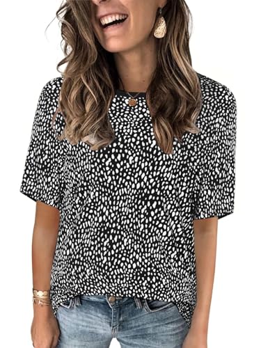 Womens Summer Tops Fashion Short Sleeve Shirts Trendy Leopard Print Blouses Summer Crew Neck Tees L