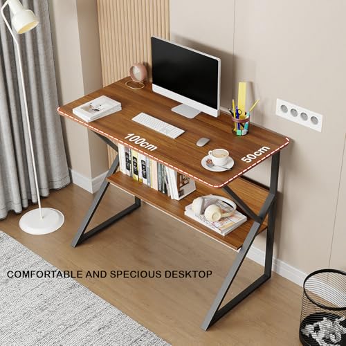 Lukzer Modern Engineered Wood Computer Desk with Built-in Bookshelf, Space-Saving Design, Oak Brown Top & Black Frame, 100x50x78cm (MST-001) - Image 6