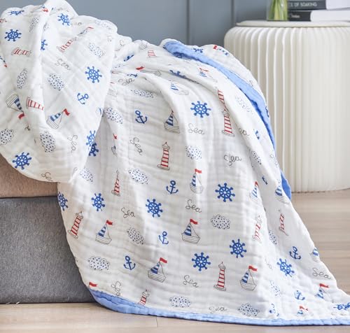 Image of J-pinno Sailboat Sea Adventure Muslin Blanket Reversible 100% Cotton 6 Layer Quilt Bed Blanket Soft Warm Throw Sofa Couch Toddler Kids Cartoon Travel Coverlet Sheet (Sailing, Crib 45" X 60")